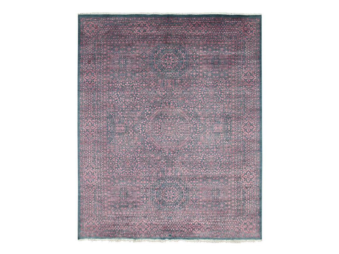 8'0" x 9'9" New Hand Knotted Green Wool & Silk Rectangle Oriental Rug - MOA10279273