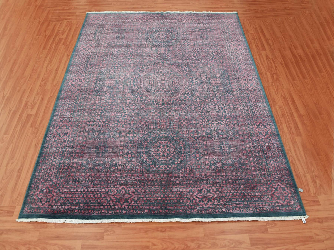 8'0" x 9'9" New Hand Knotted Green Wool & Silk Rectangle Oriental Rug - MOA10279273