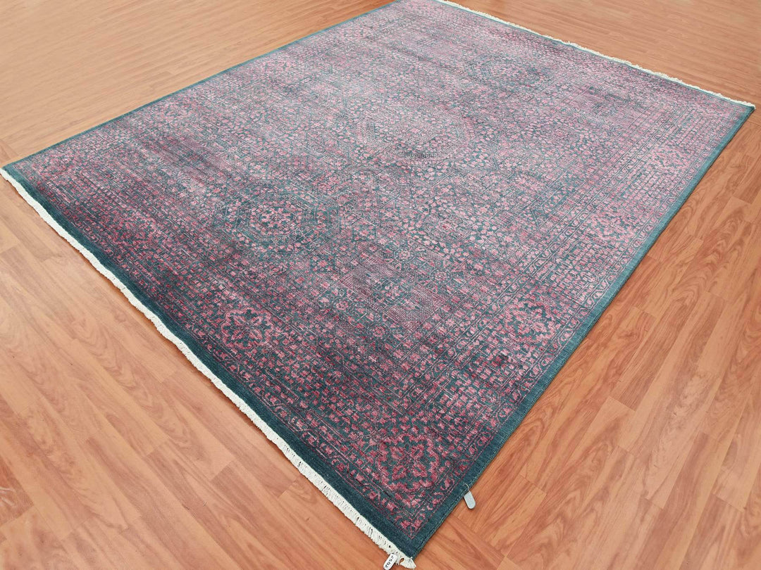8'0" x 9'9" New Hand Knotted Green Wool & Silk Rectangle Oriental Rug - MOA10279273