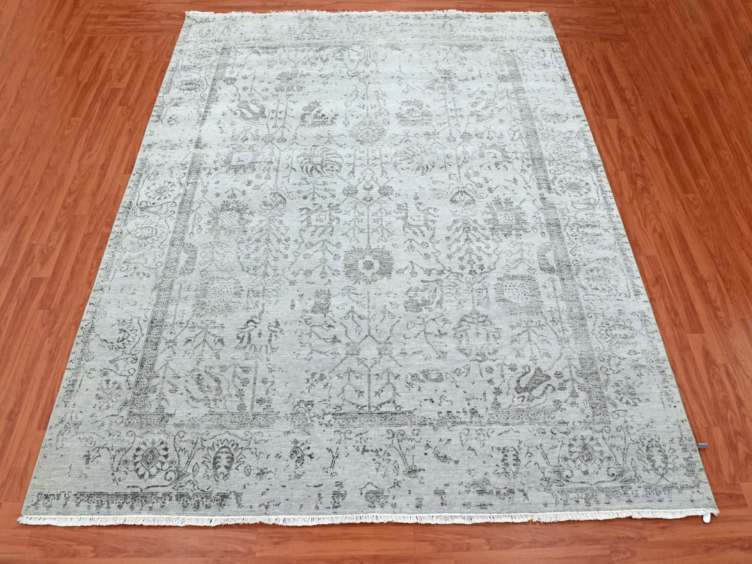 8'0" x 9'10" New Hand Knotted Grey Wool & Silk Rectangle Oriental Rug - MOA10279274