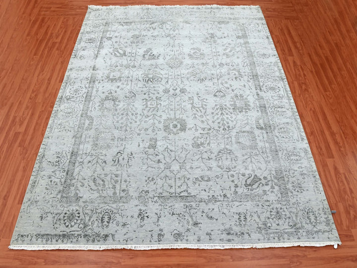 8'0" x 9'10" New Hand Knotted Grey Wool & Silk Rectangle Oriental Rug - MOA10279274