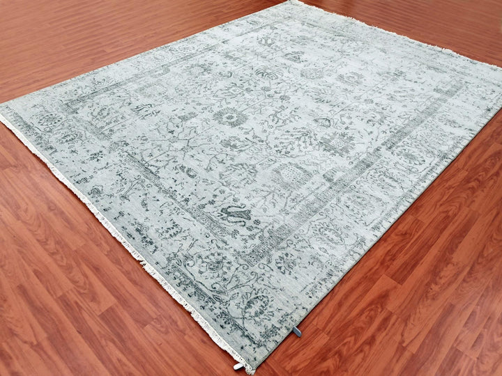 8'0" x 9'10" New Hand Knotted Grey Wool & Silk Rectangle Oriental Rug - MOA10279274