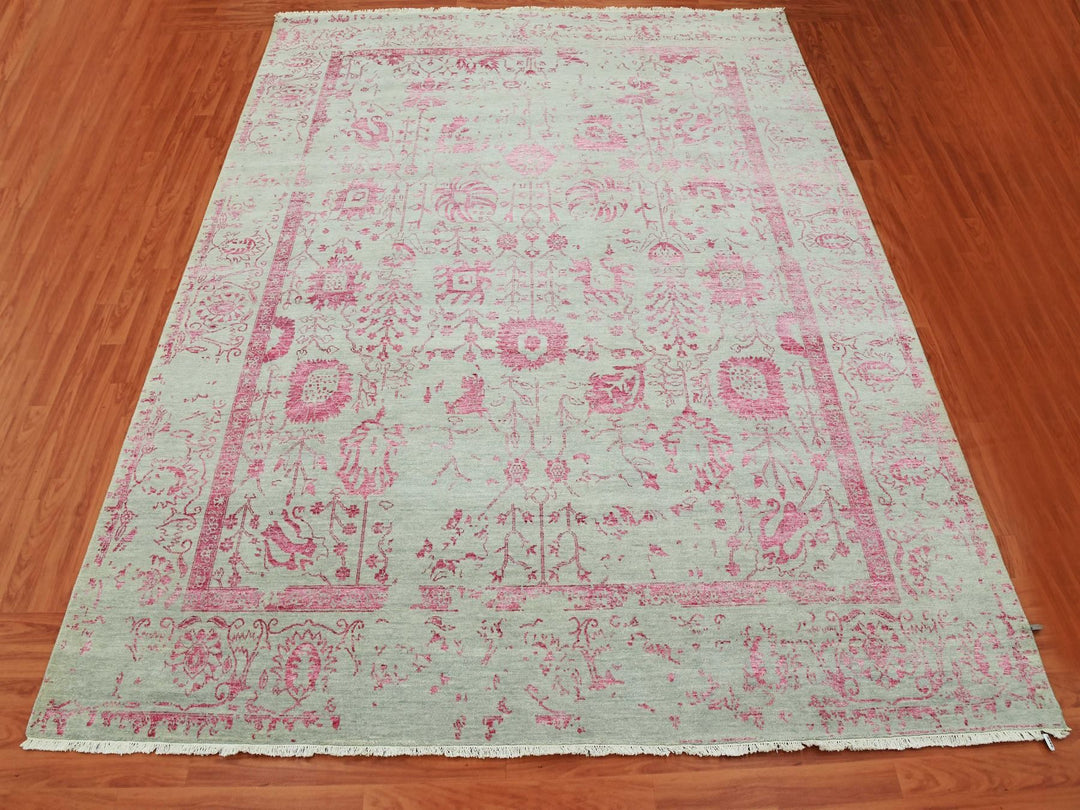 8'10" x 11'3" New Hand Knotted Pink Wool & Silk Rectangle Oriental Rug - MOA10279275