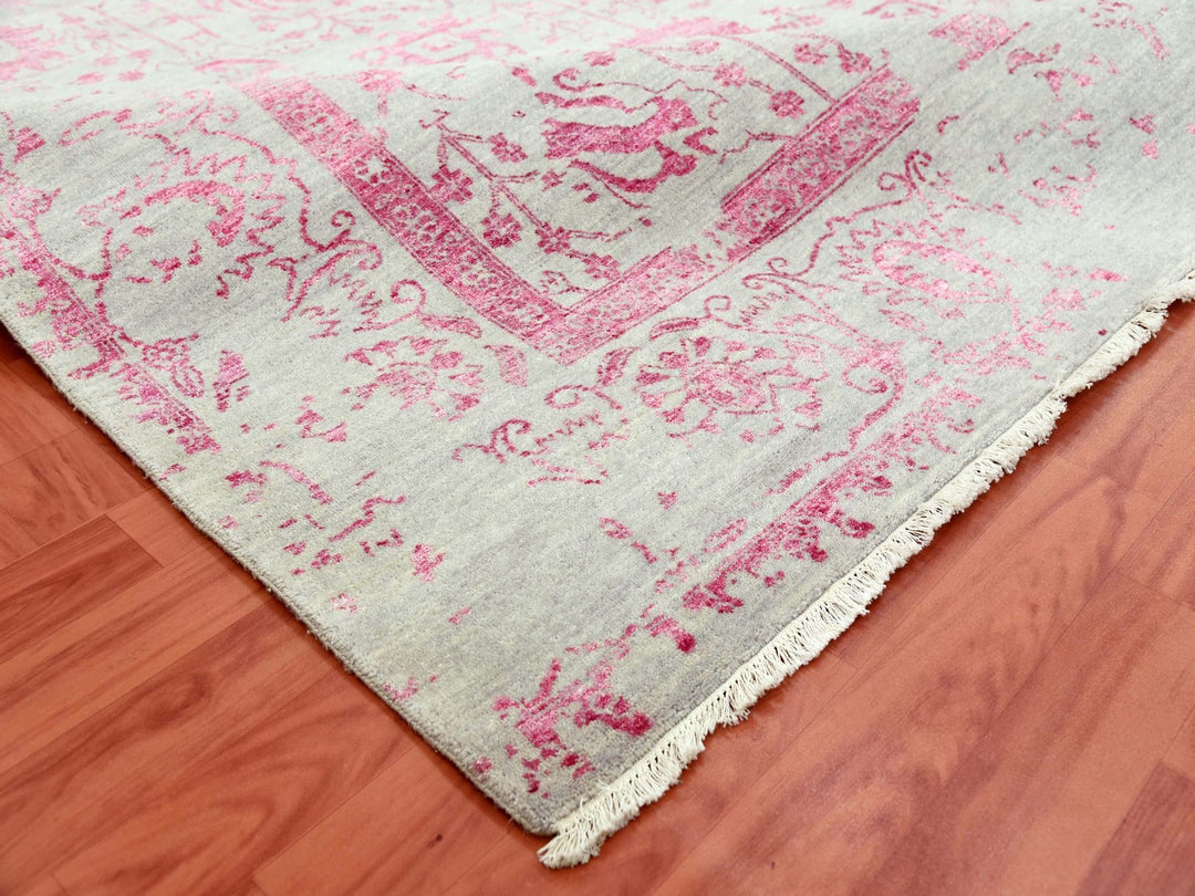 8'10" x 11'3" New Hand Knotted Pink Wool & Silk Rectangle Oriental Rug - MOA10279275