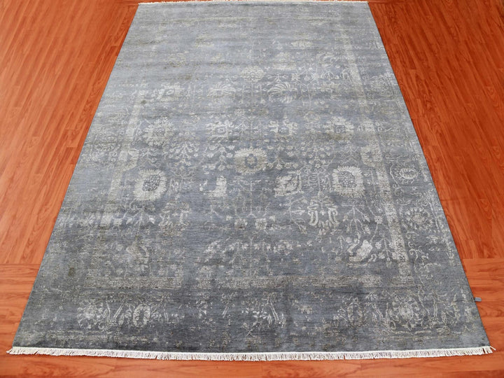 8'10" x 11'8" New Hand Knotted Grey Wool & Silk Rectangle Oriental Rug - MOA10279277