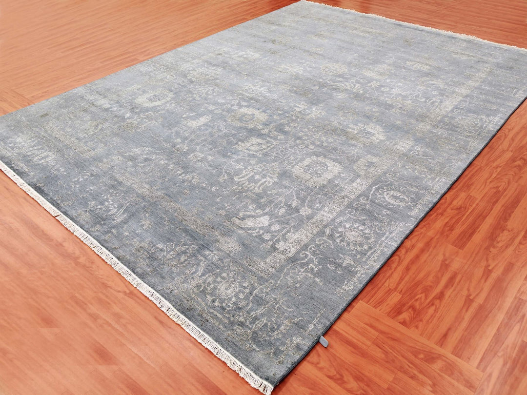 8'10" x 11'8" New Hand Knotted Grey Wool & Silk Rectangle Oriental Rug - MOA10279277