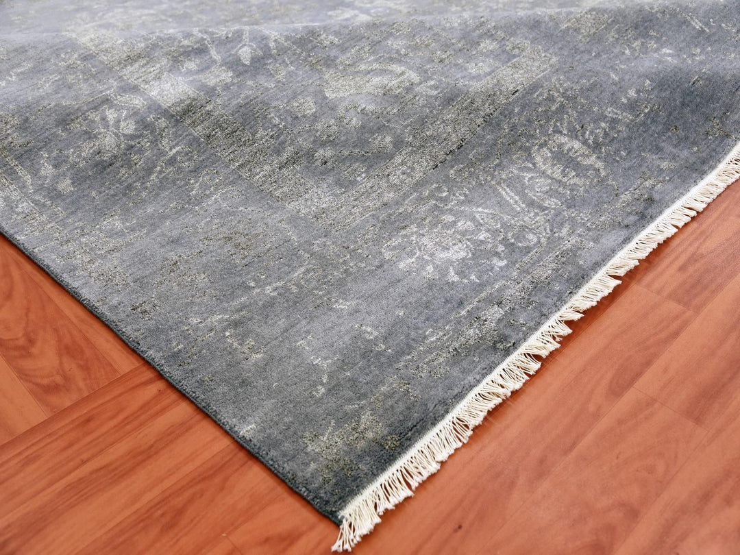 8'10" x 11'8" New Hand Knotted Grey Wool & Silk Rectangle Oriental Rug - MOA10279277