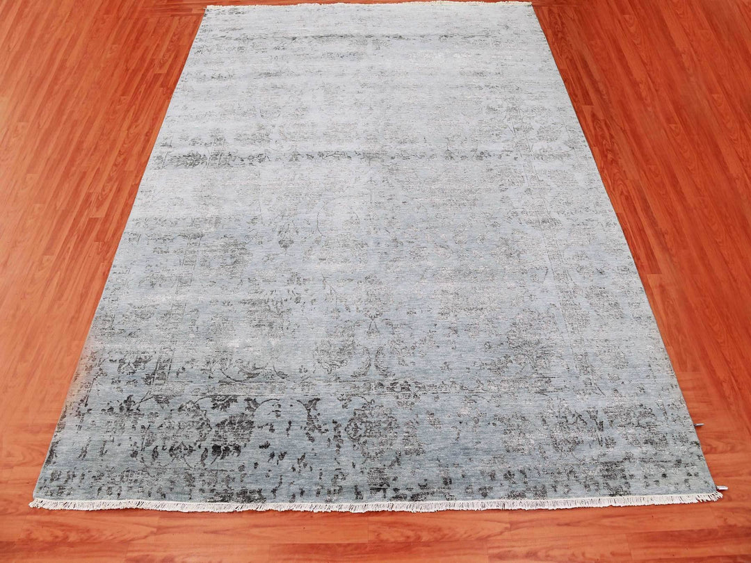 8'10" x 11'9" New Hand Knotted Grey Wool & Silk Rectangle Oriental Rug - MOA10279278