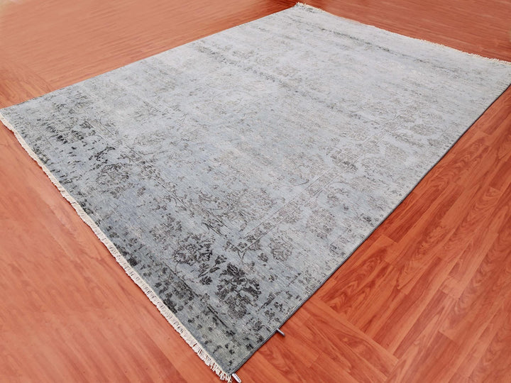 8'10" x 11'9" New Hand Knotted Grey Wool & Silk Rectangle Oriental Rug - MOA10279278