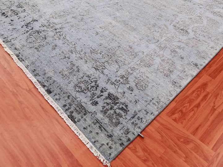 8'10" x 11'9" New Hand Knotted Grey Wool & Silk Rectangle Oriental Rug - MOA10279278