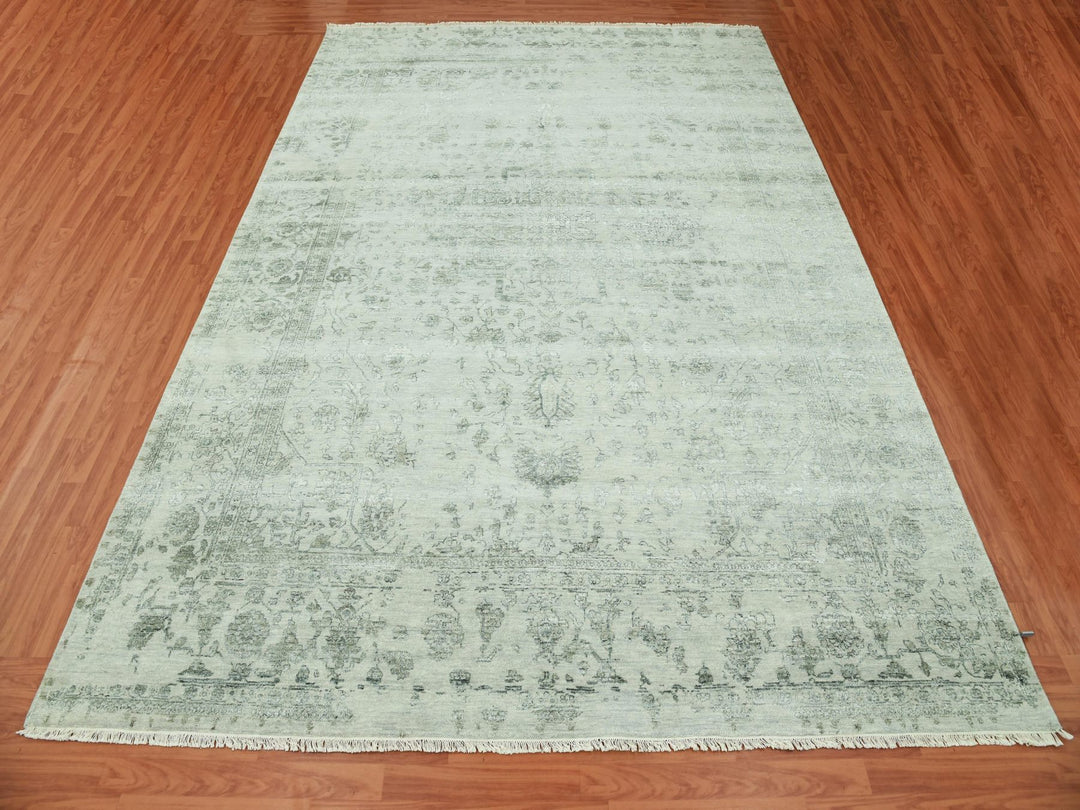 9'10" x 14'3" New Hand Knotted Grey Wool & Silk Rectangle Oriental Rug - MOA10279288