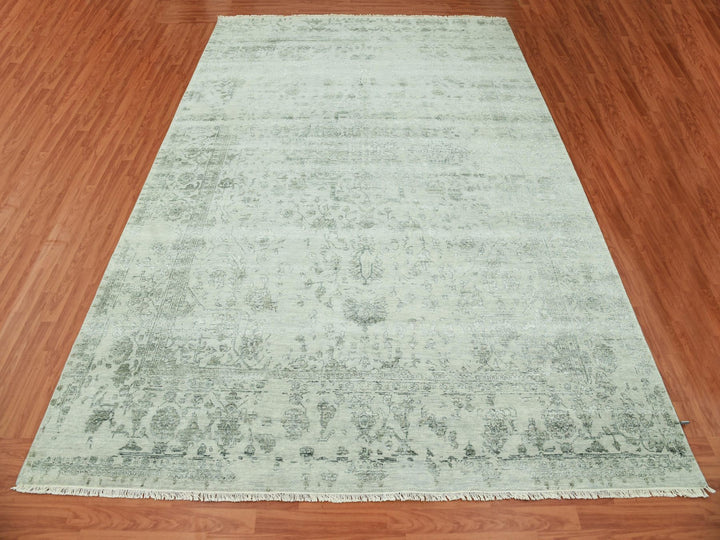 9'10" x 14'3" New Hand Knotted Grey Wool & Silk Rectangle Oriental Rug - MOA10279288