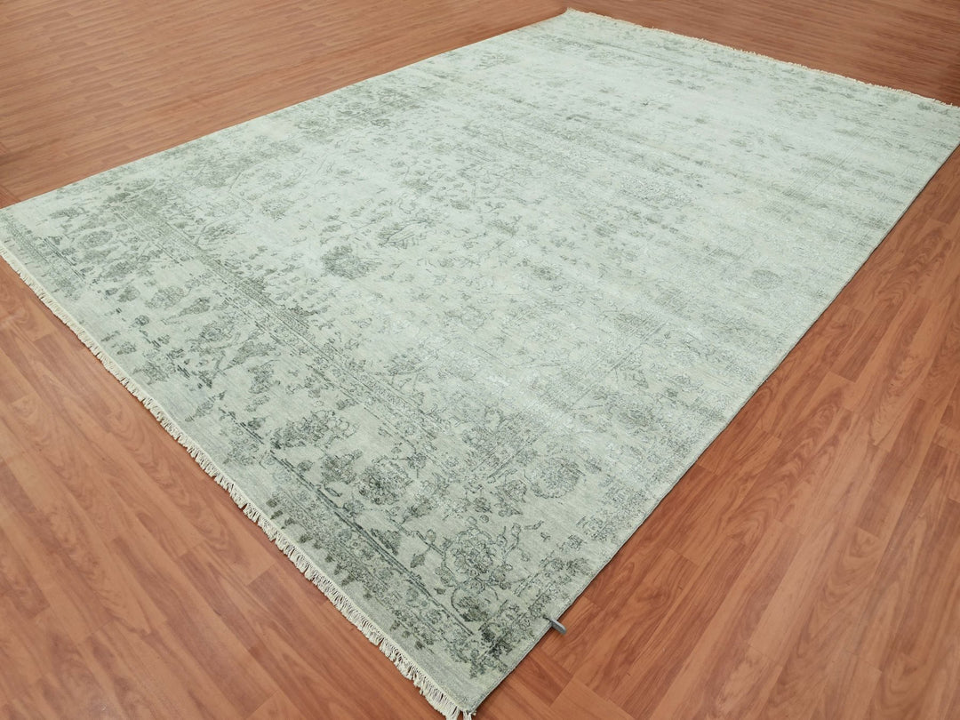 9'10" x 14'3" New Hand Knotted Grey Wool & Silk Rectangle Oriental Rug - MOA10279288