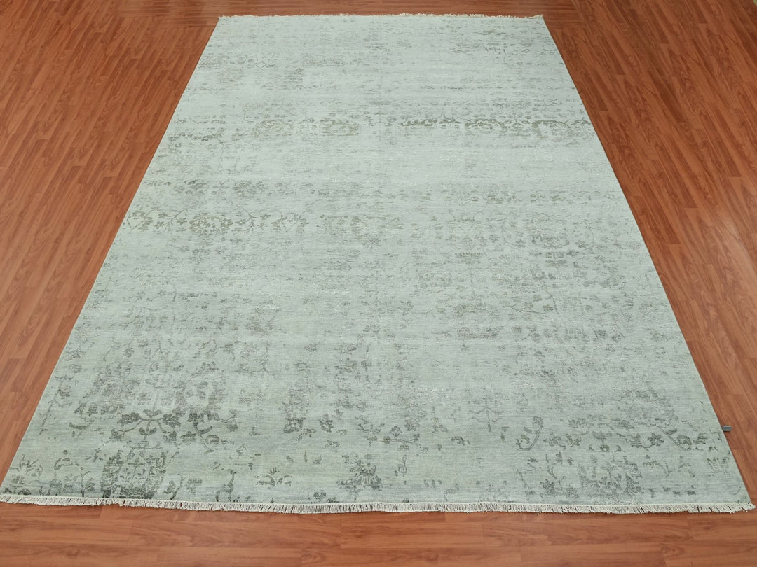 9'9" x 13'7" New Hand Knotted Grey Wool & Silk Rectangle Oriental Rug - MOA10279289
