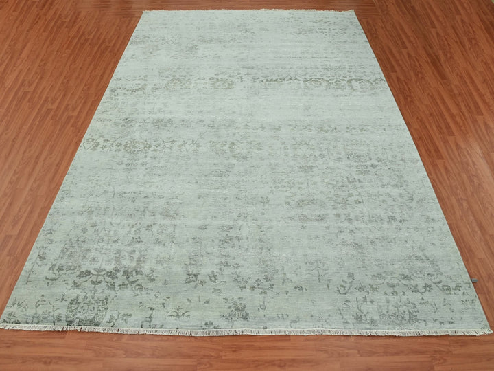 9'9" x 13'7" New Hand Knotted Grey Wool & Silk Rectangle Oriental Rug - MOA10279289