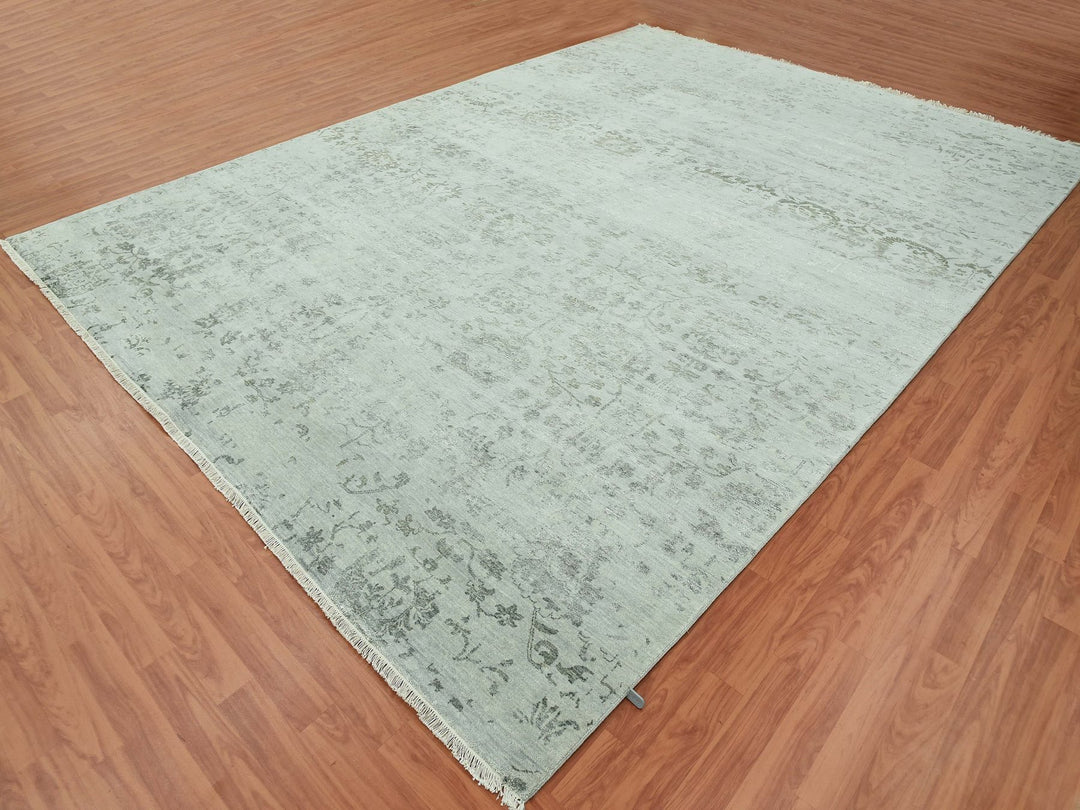 9'9" x 13'7" New Hand Knotted Grey Wool & Silk Rectangle Oriental Rug - MOA10279289