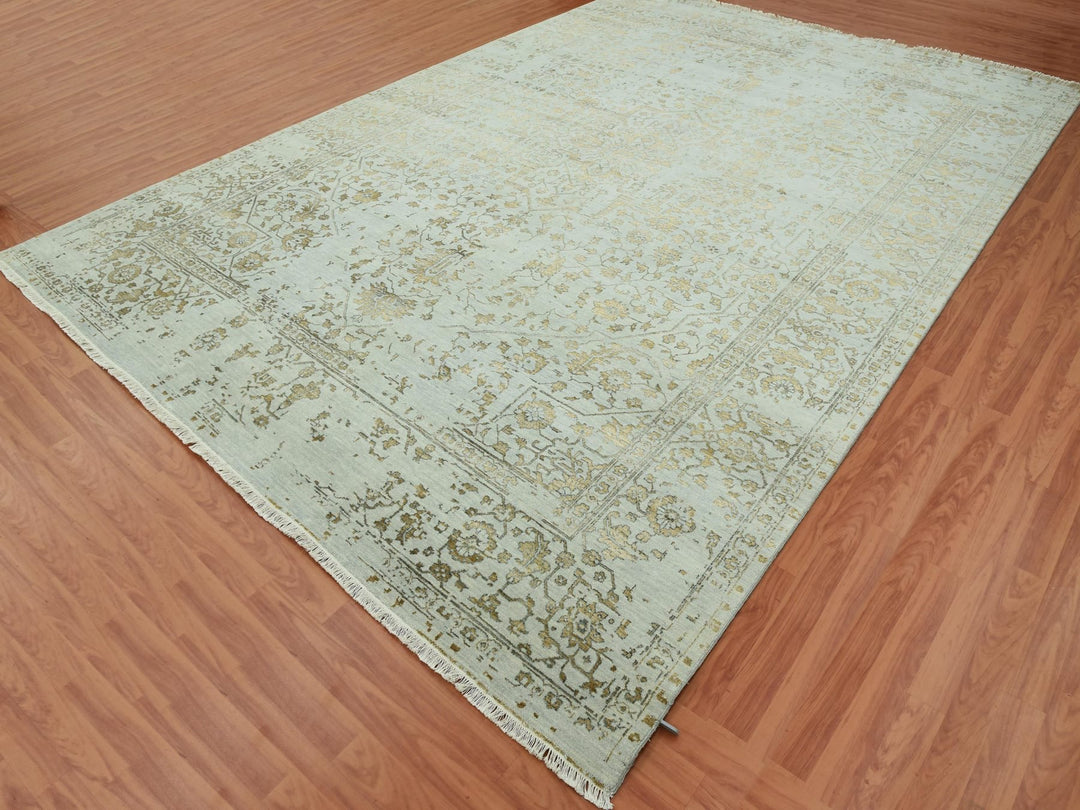 10'0" x 14'0" New Hand Knotted Grey Wool & Silk Rectangle Oriental Rug - MOA10279290