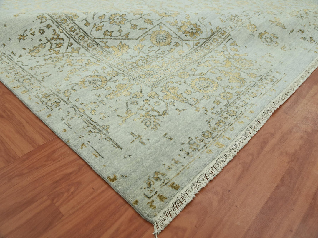 10'0" x 14'0" New Hand Knotted Grey Wool & Silk Rectangle Oriental Rug - MOA10279290