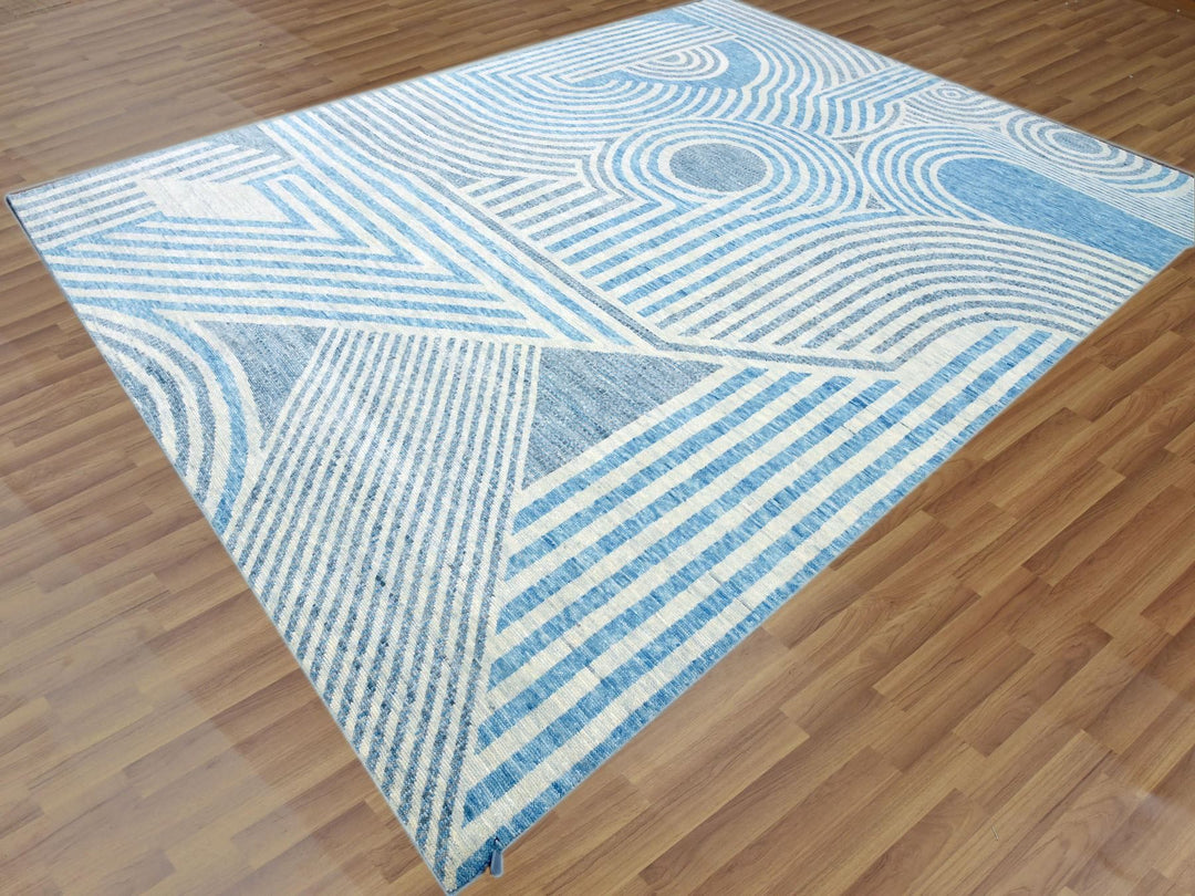 9'0" x 12'0" New Hand Knotted Blue Wool Rectangle Oriental Rug - MOA10279293