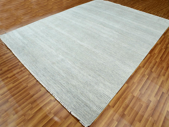 9'0" x 12'1" New Hand Knotted Grey Wool & Silk Rectangle Oriental Rug - MOA10279307