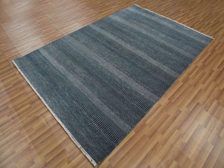 6'0" x 9'0" New Hand Knotted Blue Wool & Silk Rectangle Oriental Rug - MOA10279363