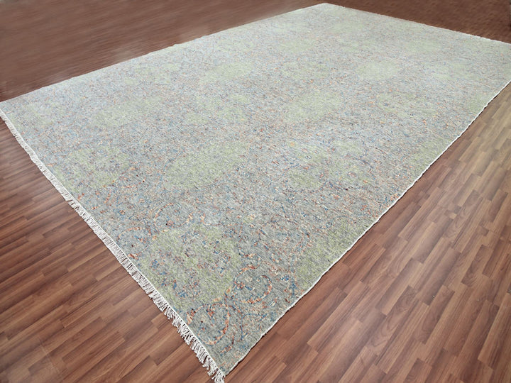 12'0" x 18'0" New Hand Knotted Green Wool Rectangle Oriental Rug - MOA10279449