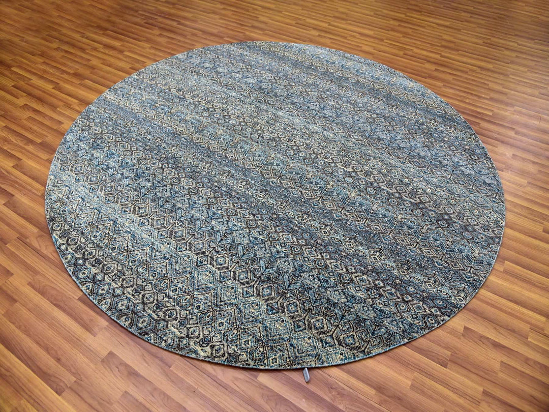 8'0" x 8'0" New Hand Knotted Blue Wool Round Oriental Rug - MOA10279466