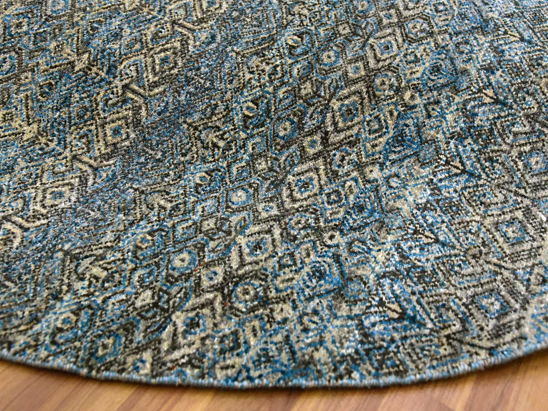 8'0" x 8'0" New Hand Knotted Blue Wool Round Oriental Rug - MOA10279466