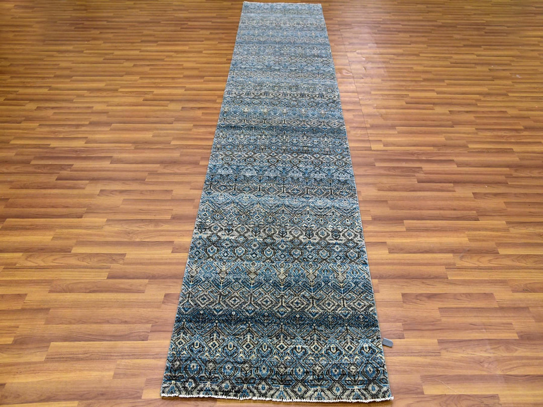 2'6" x 12'0" New Hand Knotted Blue Wool Runner Oriental Rug - MOA10279495