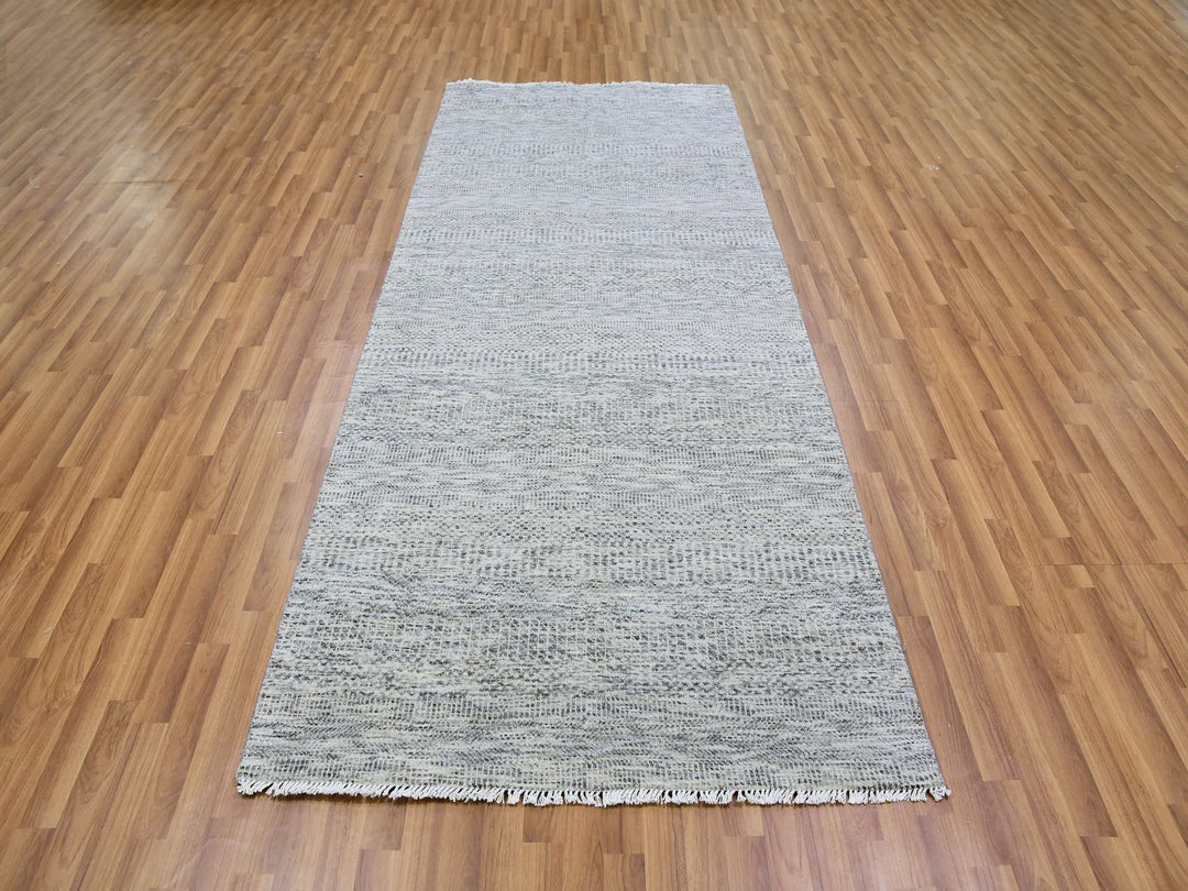 4'0" x 10'1" New Hand Knotted Grey Wool Runner Oriental Rug - MOA10279522