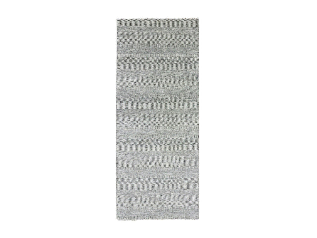 4'1" x 12'1" New Hand Knotted Grey Wool Runner Oriental Rug - MOA10279568