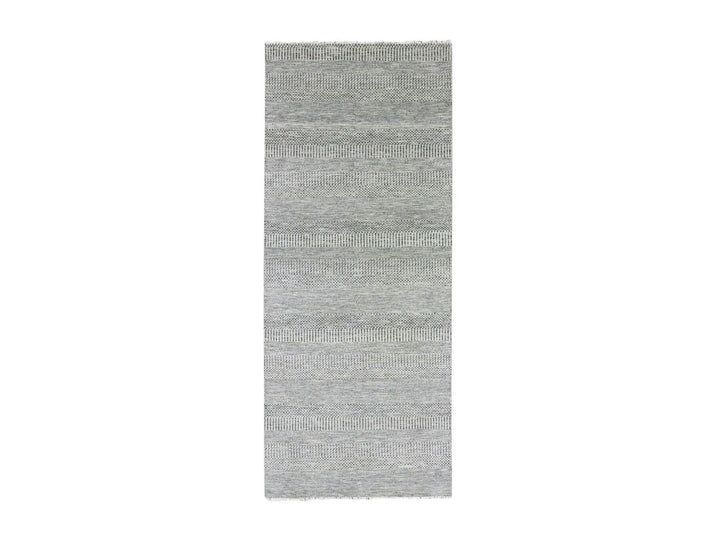 4'1" x 12'1" New Hand Knotted Grey Wool Runner Oriental Rug - MOA10279568