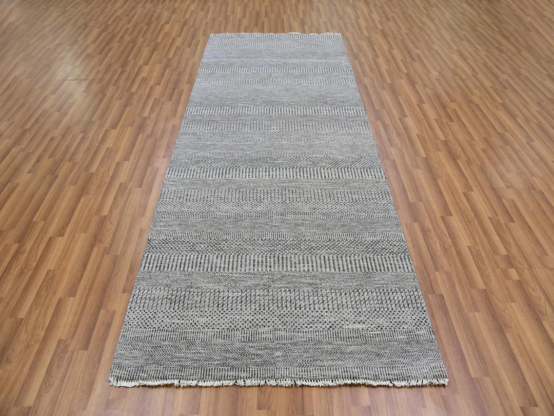 4'1" x 12'1" New Hand Knotted Grey Wool Runner Oriental Rug - MOA10279568