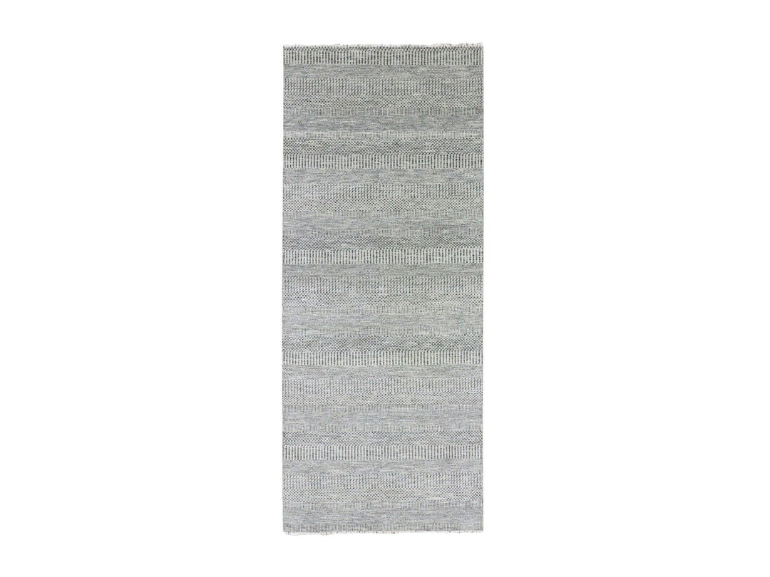 4'1" x 12'1" New Hand Knotted Grey Wool Runner Oriental Rug - MOA10279569