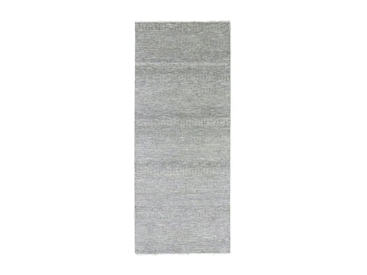 4'1" x 12'1" New Hand Knotted Grey Wool Runner Oriental Rug - MOA10279569