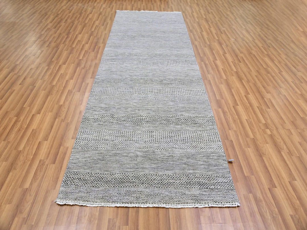 4'1" x 12'1" New Hand Knotted Grey Wool Runner Oriental Rug - MOA10279569