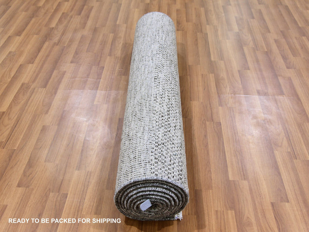 4'1" x 12'1" New Hand Knotted Grey Wool Runner Oriental Rug - MOA10279569