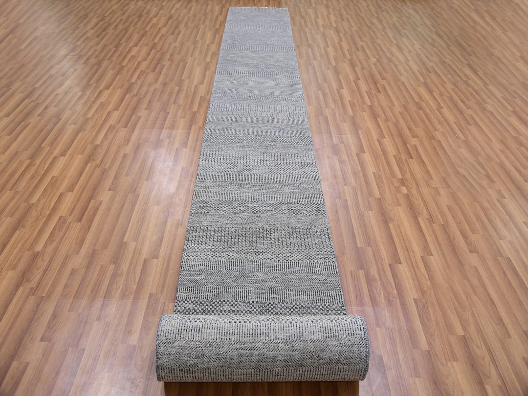 2'5" x 24'3" New Hand Knotted Grey Wool Runner Oriental Rug - MOA10279570