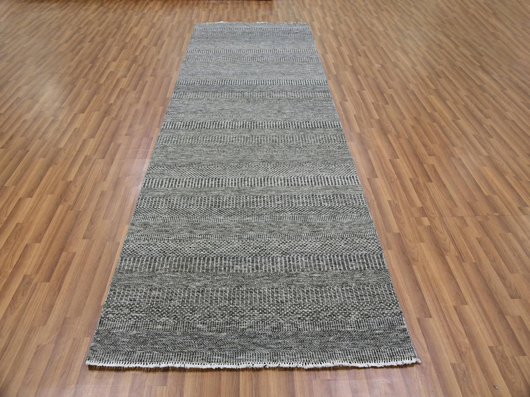 4'1" x 12'1" New Hand Knotted Grey Wool Runner Oriental Rug - MOA10279596