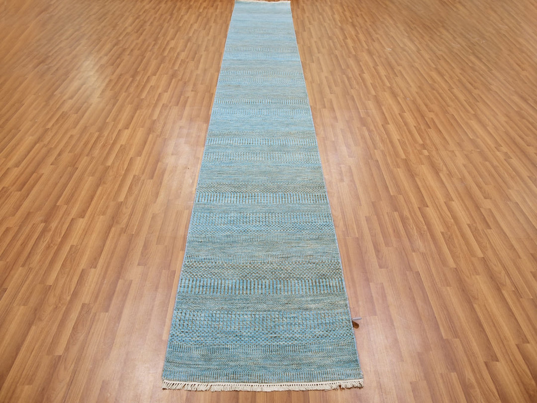 2'6" x 16'3" New Hand Knotted Blue Wool & Silk Runner Oriental Rug - MOA10279619