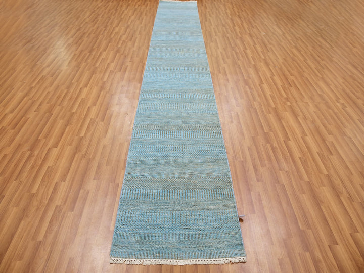 2'6" x 16'3" New Hand Knotted Blue Wool & Silk Runner Oriental Rug - MOA10279619