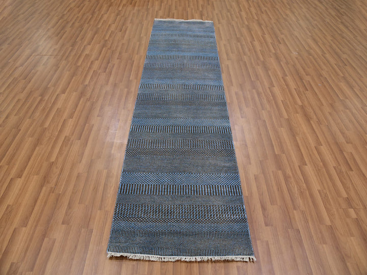 2'7" x 9'6" New Hand Knotted Blue Wool & Silk Runner Oriental Rug - MOA10279623