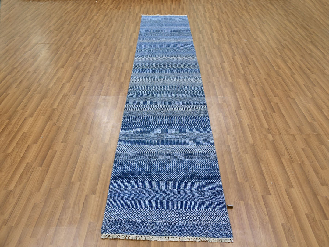 2'7" x 11'11" New Hand Knotted Blue Wool & Silk Runner Oriental Rug - MOA10279624