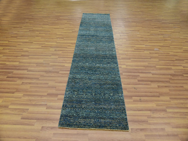 2'6" x 10'1" New Hand Knotted Green Wool Runner Oriental Rug - MOA10279672