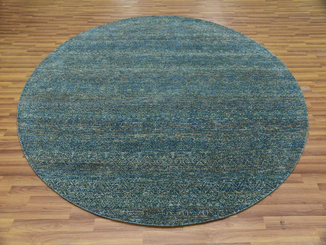 7'11" x 7'11" New Hand Knotted Green Wool Round Oriental Rug - MOA10279674