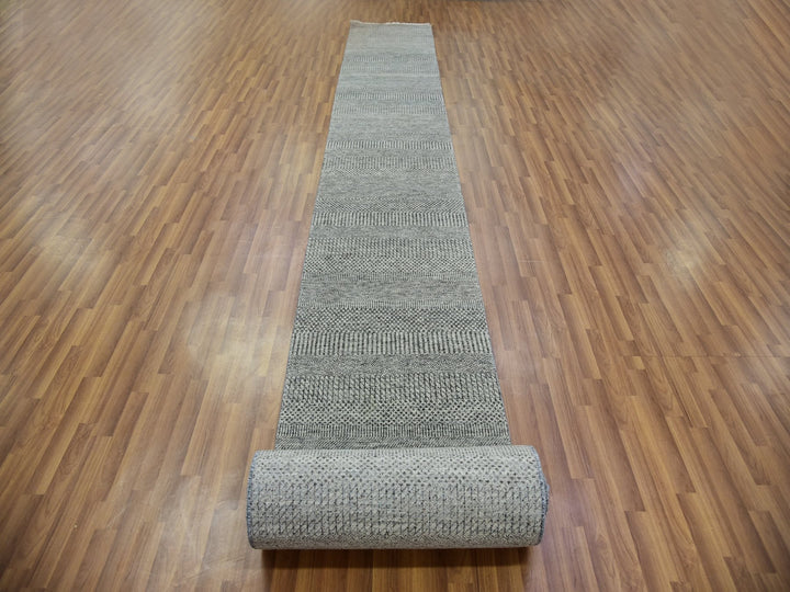 2'5" x 27'11" New Hand Knotted Grey Wool Runner Oriental Rug - MOA10279700
