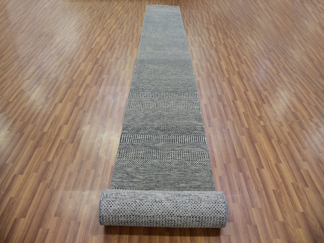 2'7" x 26'3" New Hand Knotted Grey Wool Runner Oriental Rug - MOA10279701