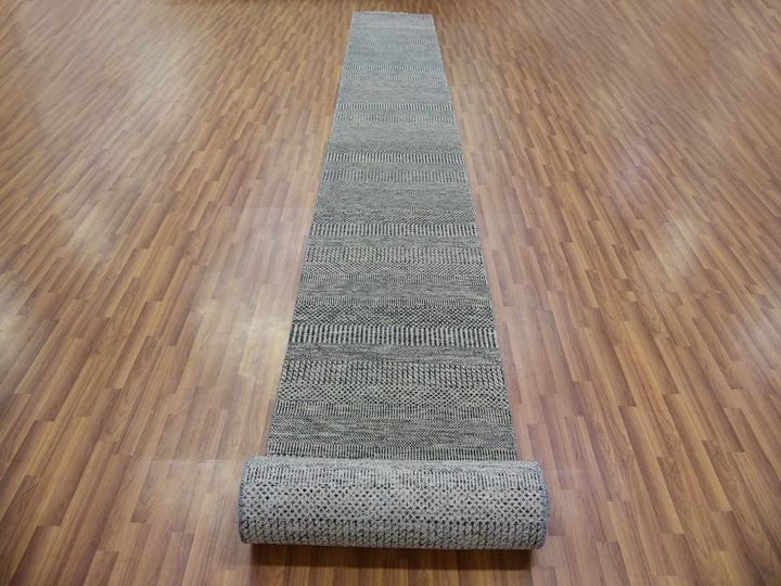2'7" x 26'3" New Hand Knotted Grey Wool Runner Oriental Rug - MOA10279701