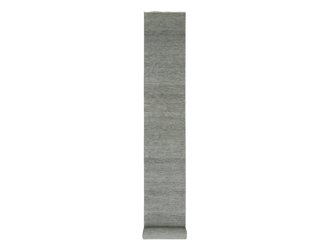 2'7" x 22'1" New Hand Knotted Grey Wool Runner Oriental Rug - MOA10279702