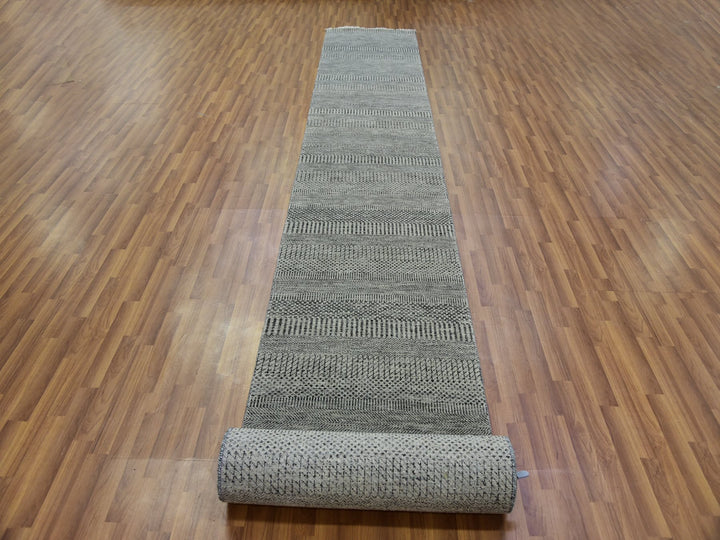 2'7" x 22'1" New Hand Knotted Grey Wool Runner Oriental Rug - MOA10279702